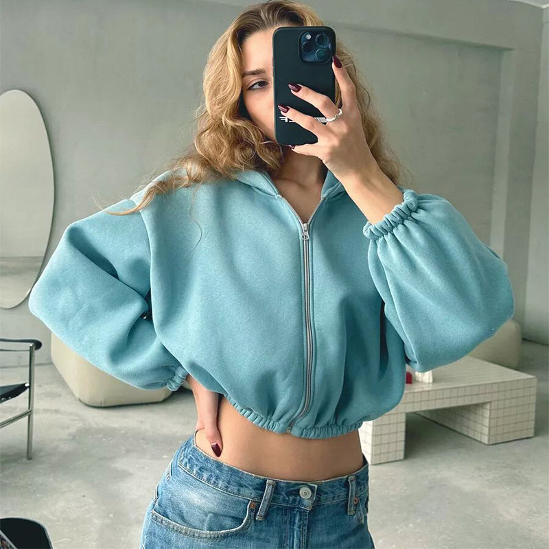 Casual Solid Color Hooded Short Jacket Y2K Fashion Sports Women dealsniper-net Sky Blue L