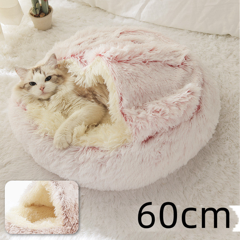 Pet Bed Round Plush Warm Bed House Soft Long Plush Bed  2 In 1 Bed