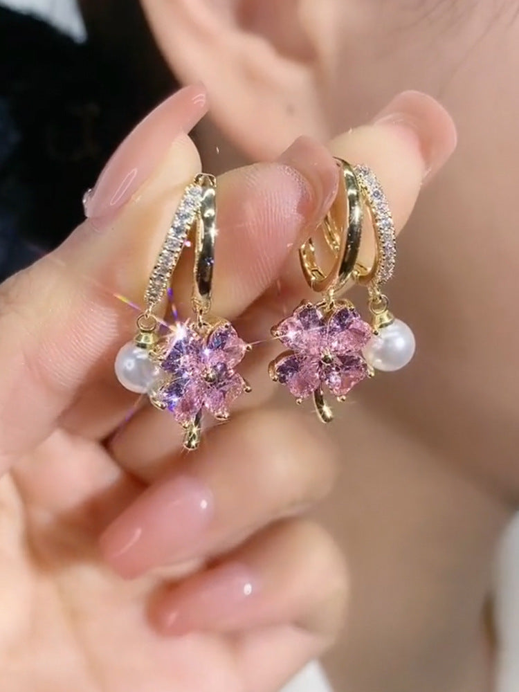 Fashion Jewelry Purple Crystal Four-leaf Flower Pearl Ear Clip Earrings Jewelry dealsniper-net Purple Ear Clip