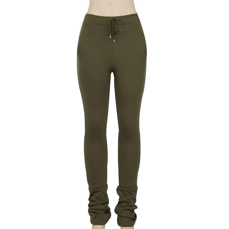 Elastic high-waist pleated drawstring slacks Women DealSniper.net ArmyGreen L