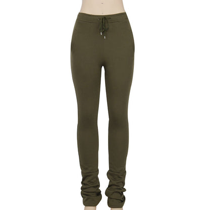 Elastic high-waist pleated drawstring slacks Women DealSniper.net ArmyGreen L