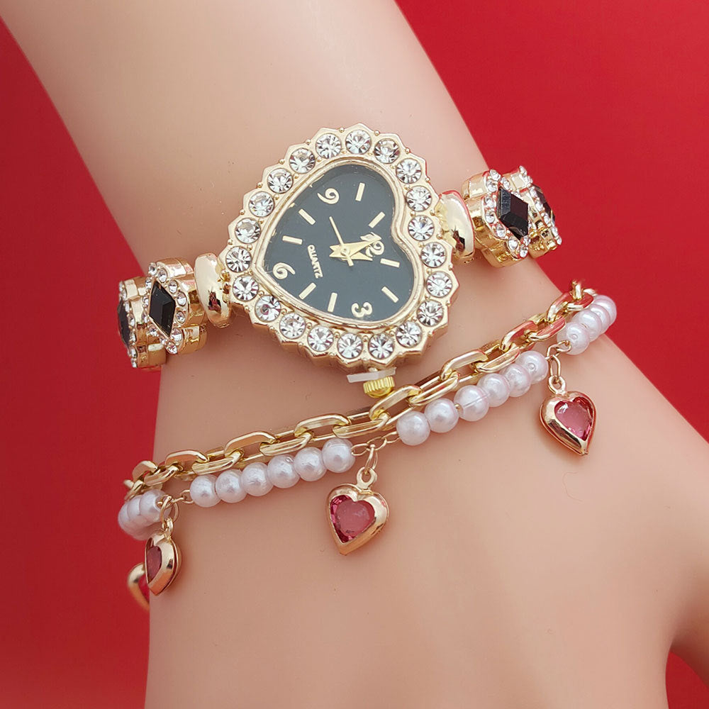 Fashion Love Shape Bracelet Watch Set Diamond Colored Heart Quartz Jewelry DealSniper.net Black Watch Bracelet