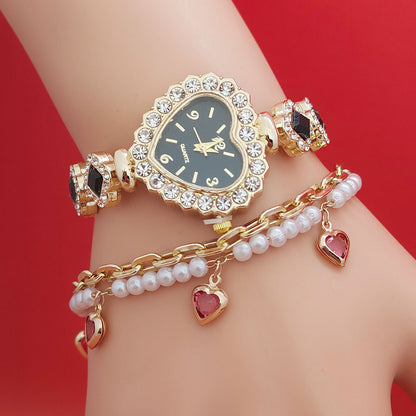 Fashion Love Shape Bracelet Watch Set Diamond Colored Heart Quartz Jewelry DealSniper.net Black Watch Bracelet
