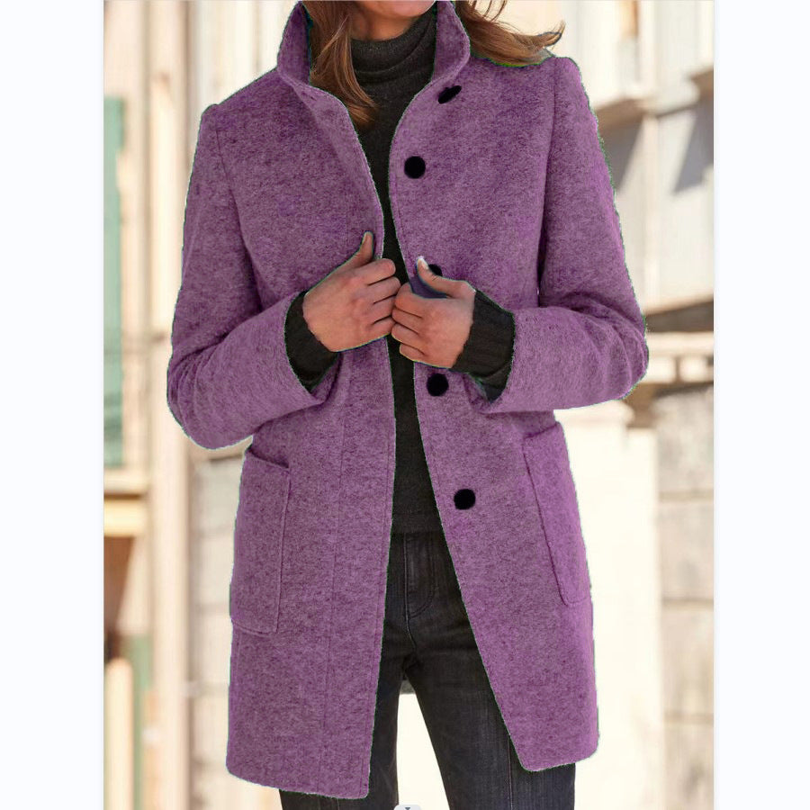 Fashion Stand Collar Woolen Coat With Pockets Fall Winter Women dealsniper-net