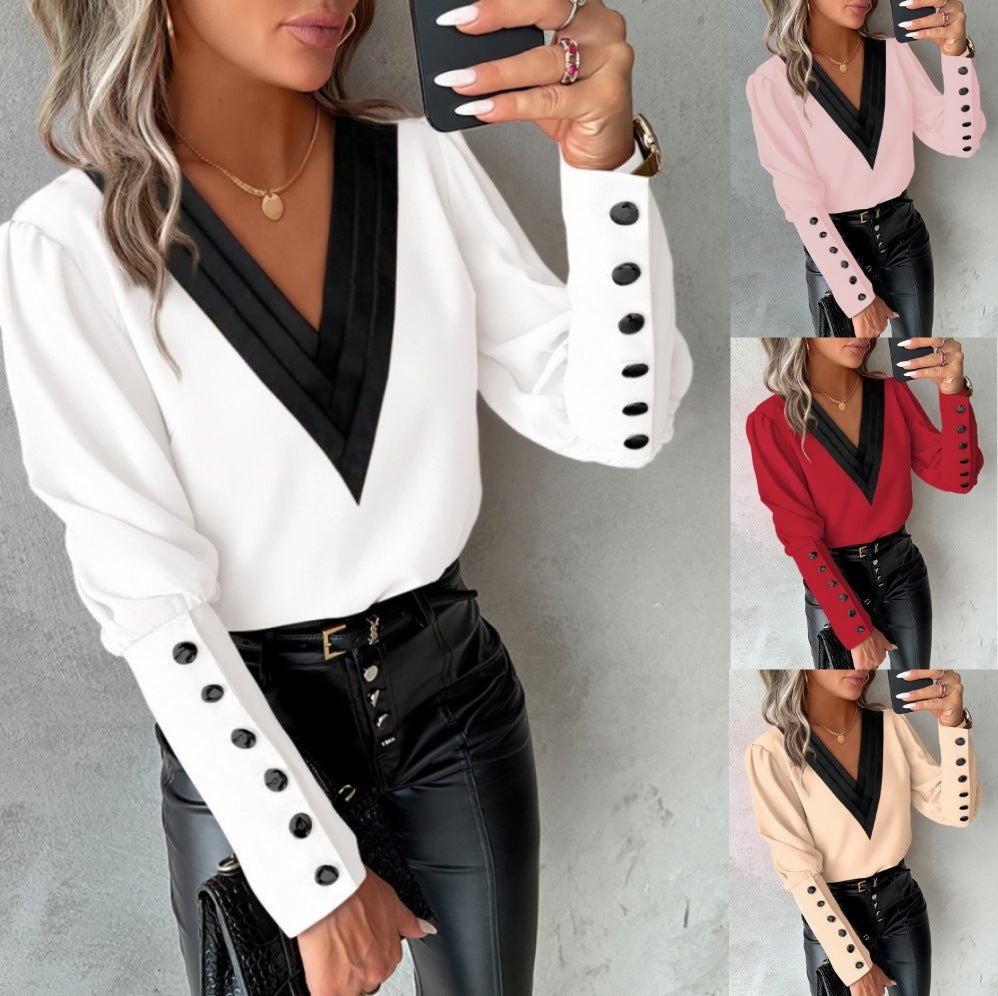 Fashion V-neck Long Sleeve Blouse With Button Design Women dealsniper-net