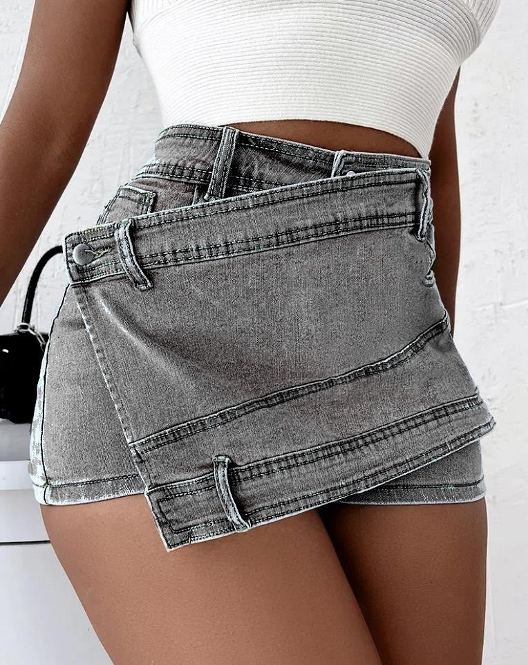 Y2K Street Vintage Denim Shorts Stretch Overlap Waist Wrap Women dealsniper-net Grey 2XL