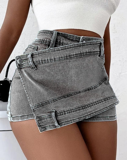Y2K Street Vintage Denim Shorts Stretch Overlap Waist Wrap Women dealsniper-net Grey 2XL