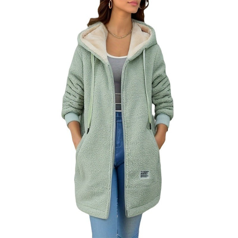 Winter Fleece Hooded Jacket Fashion Casual Zip-up Pockets Women null