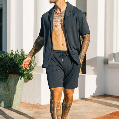 Men's Two Piece Set Short Sleeve Lapel Button Shirts And Shorts Beach Men DealSniper.net Picture Color L