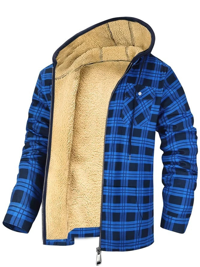 Men's Plaid Print Hooded Zip-Up Jacket Winter Coat Clothing