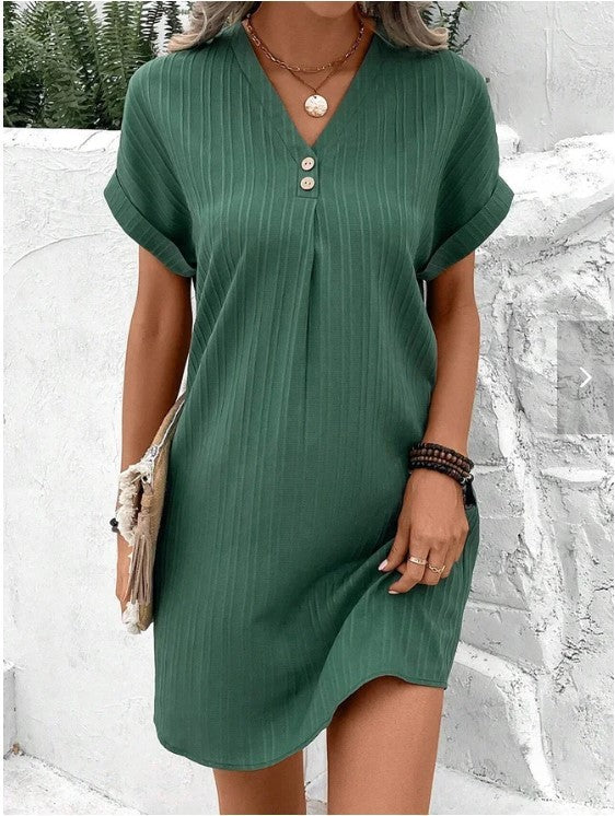 Fashion V-neck Short-sleeved Dress Casual Solid Strip Women dealsniper-net Green 3XL