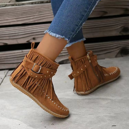 Retro Ankle Boots With Rivet Tassel Flat Shoes Women Winter Boots Women Gym From House Dark Brown 35.