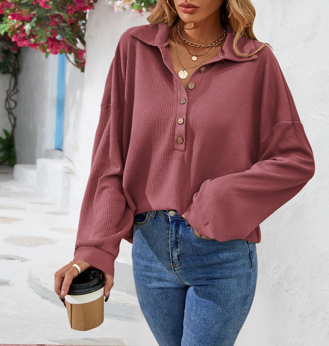 Fashion Lapel Button Sweatshirt Casual Loose Long Sleeve Pullover Women dealsniper-net Red 2XL