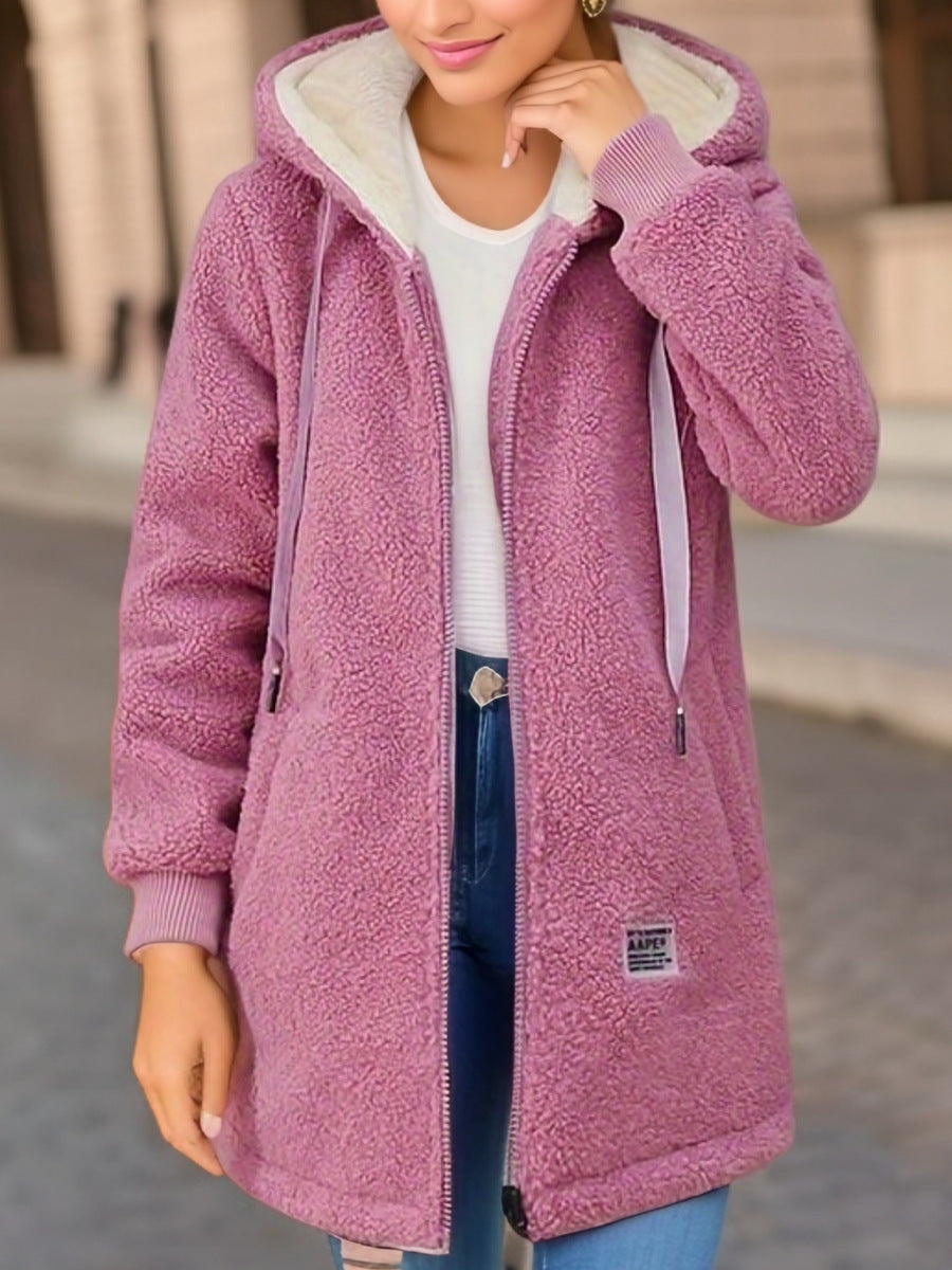 Winter Fleece Hooded Jacket Fashion Casual Zip-up Pockets Women null Pink S