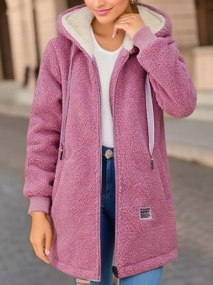 Winter Fleece Hooded Jacket Fashion Casual Zip-up Pockets Women null Pink S