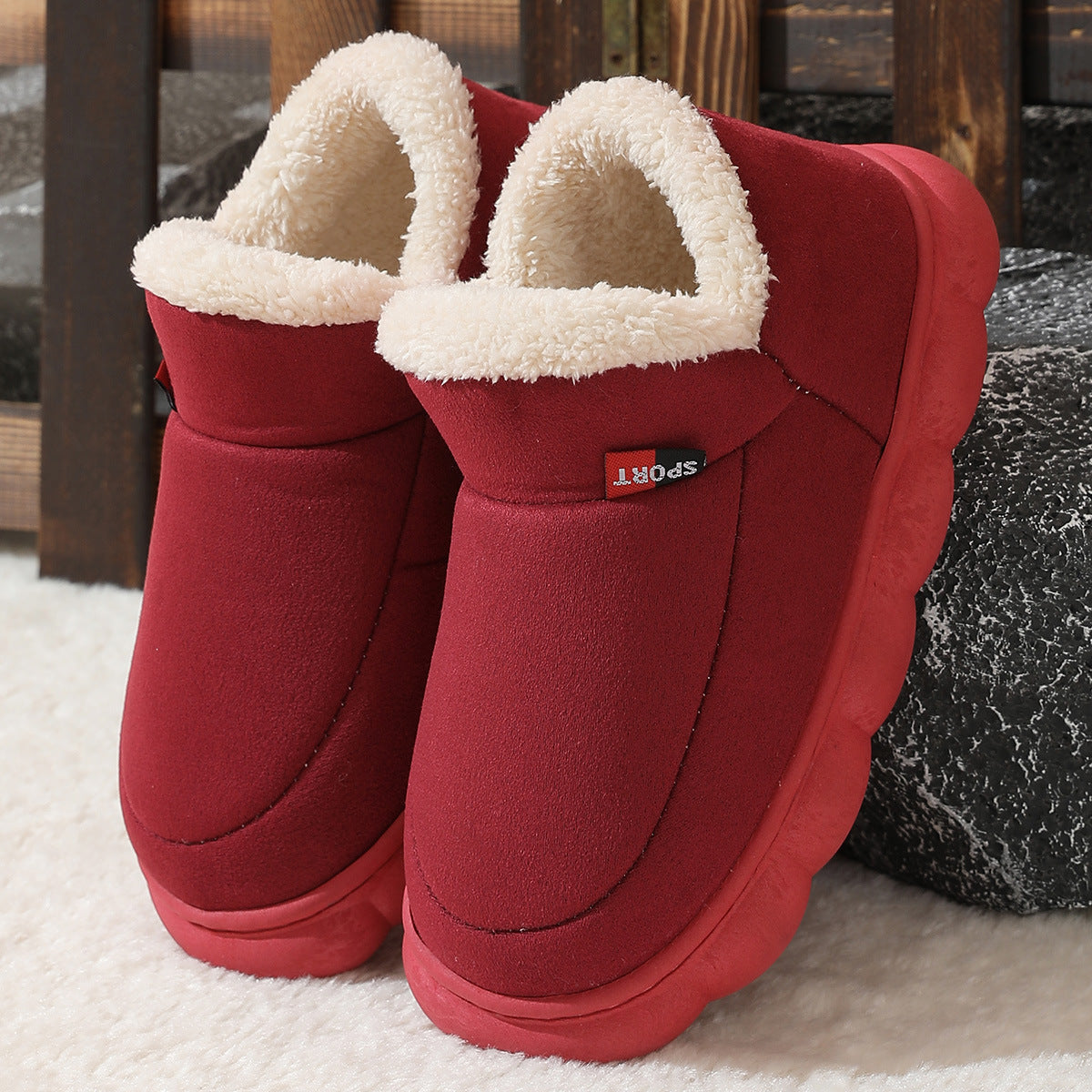 Winter Plush Cotton Shoes Women Men Warm Suede House Men DealSniper.net Wine red 36to37