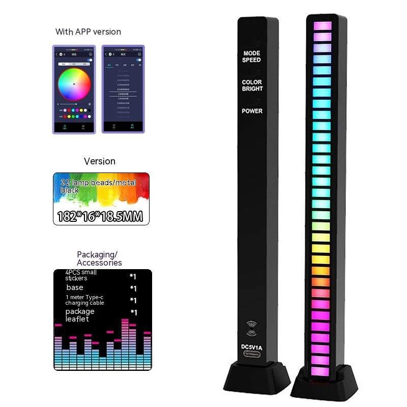 Led Sound Control Light Bar RGB Ambient Pickup Rhythm Lamp Music House DealSniper.net 32 Lights Metal Black APP 5V Built In Battery Style