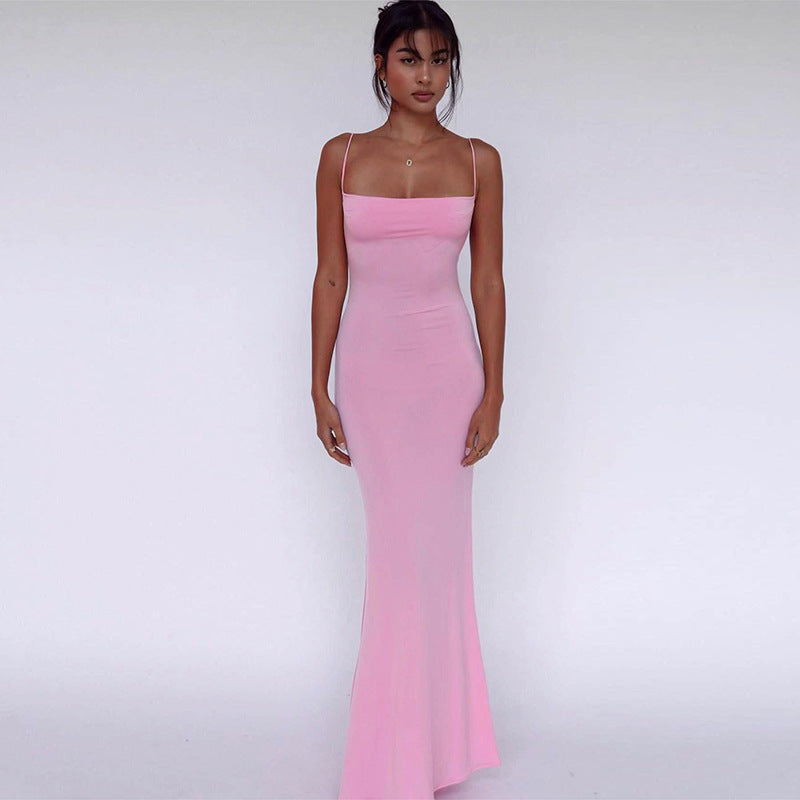 Women's Slim Fit Backless Strap Solid Color Dress Women dealsniper-net Pink L