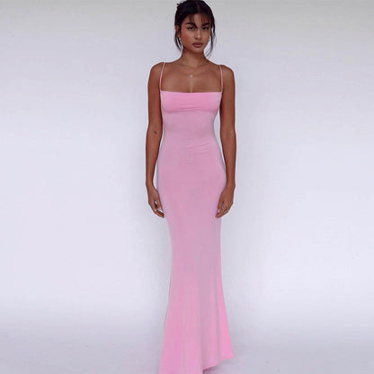 Women's Slim Fit Backless Strap Solid Color Dress Women DealSniper.net Pink L