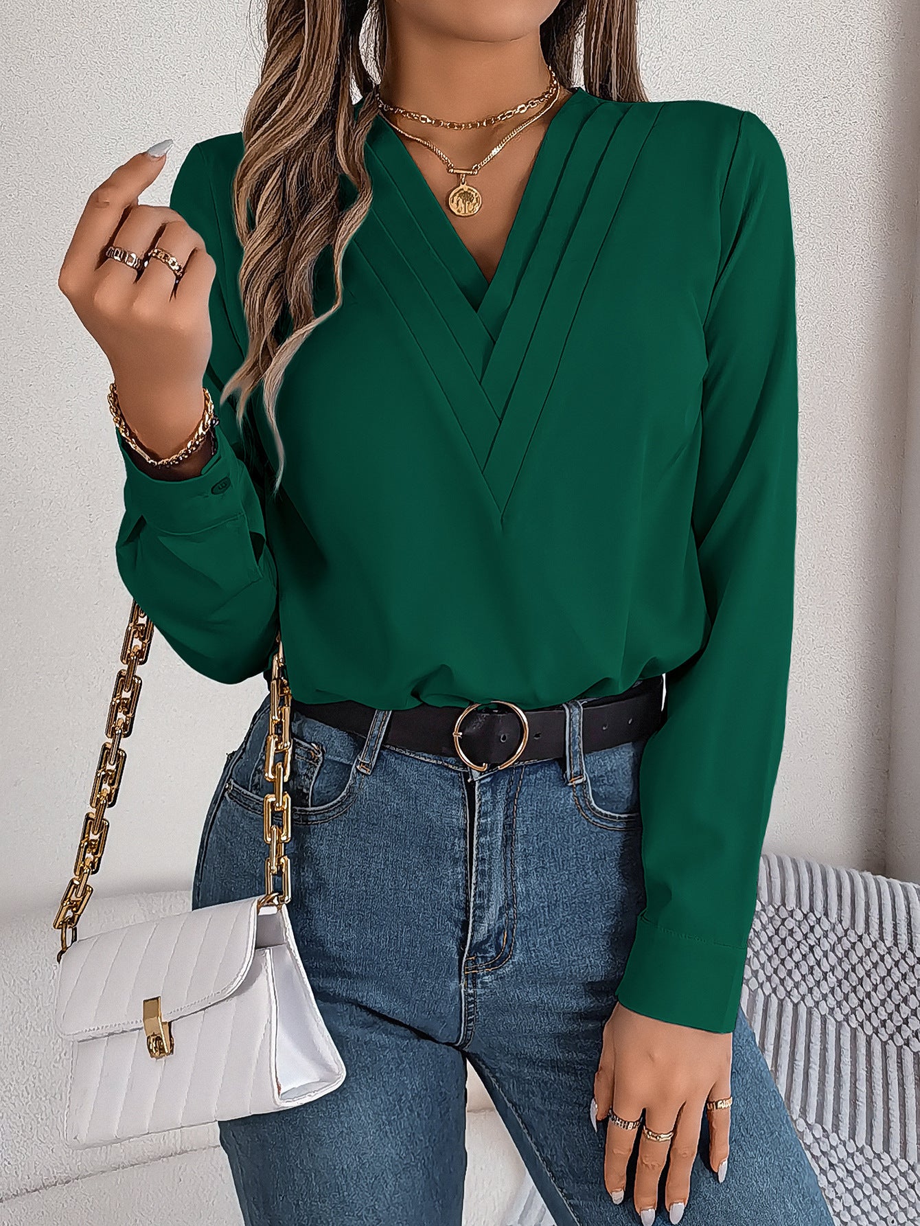 Fashion V-Neck Long Sleeve Shirt Elegant Commuter Women dealsniper-net Dark Green L