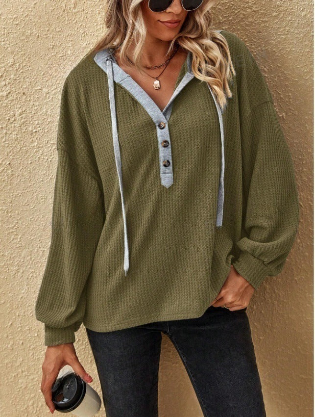 Casual Sports Button Hooded Sweatshirt Loose Long Sleeves