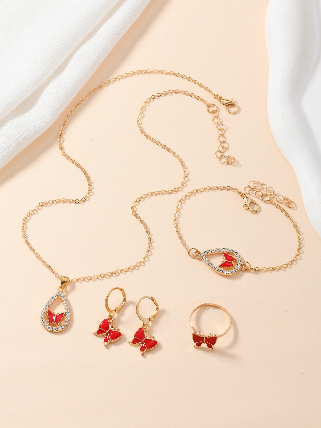 4PCS Set Luxury Women Butterfly Necklace Bracelet Jewelry dealsniper-net Red MS3095