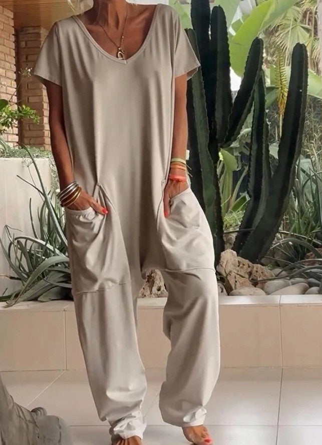 V-neck Oversized Pocket Low-grade Jumpsuit Women DealSniper.net 2XL Khaki