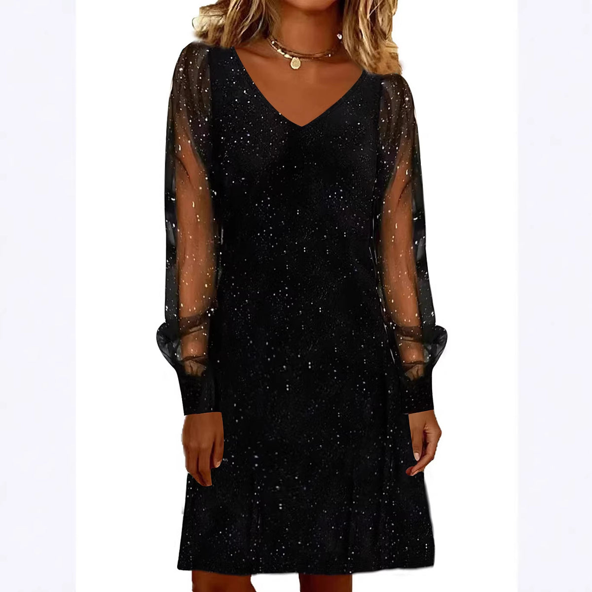 Elegant Women Dress V Neck Shiny And Glowing Mesh Sleeve Women DealSniper.net