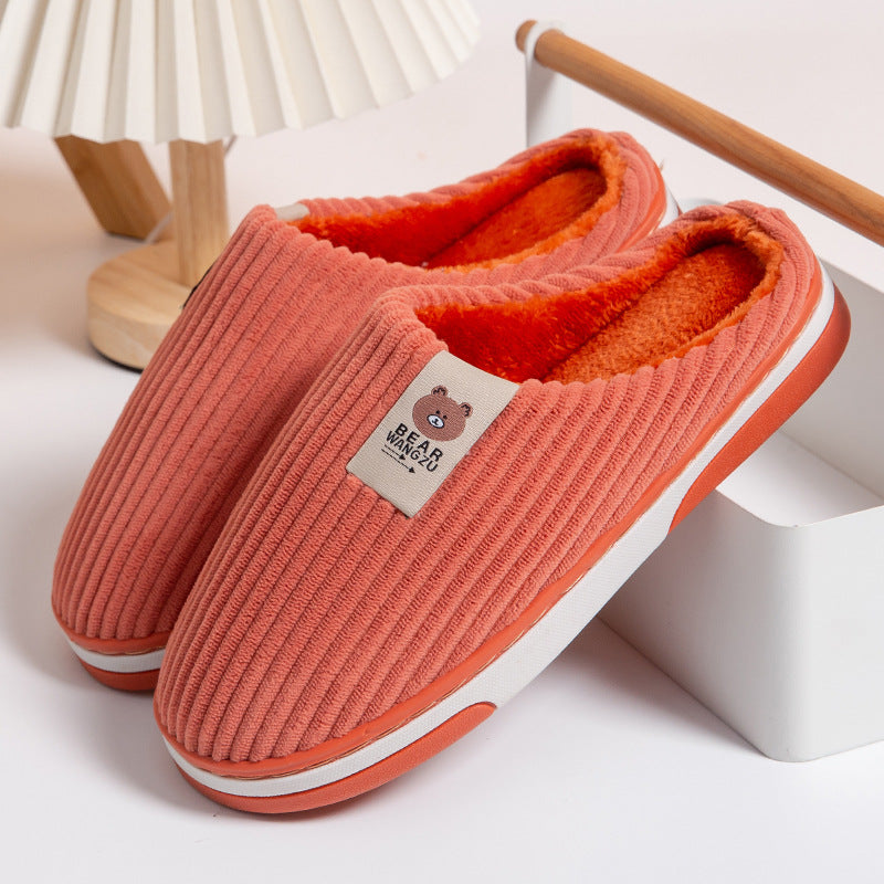 Solid Color Striped Slippers For Women Thick-soled Anti-slip Indoor Warm Plush Home Shoes Couple Women Men Slipper Winter Women dealsniper-net Orange 36to37