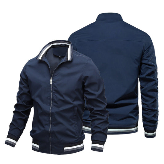 New Men Striped Rib Stand Collar Bomber Jacket Men Gym From House 2XL Dark blue