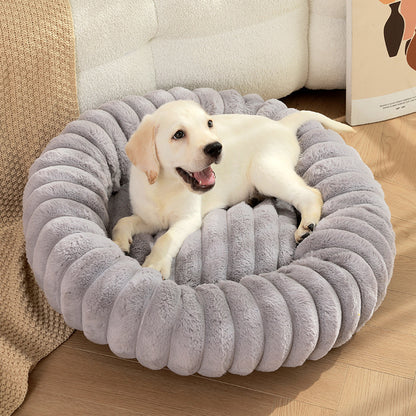 Pet Kennels Long Plush Round Cat Nest Winter Warm Dog Beds Pets Gym From House Gray Outer Diameter 40cm