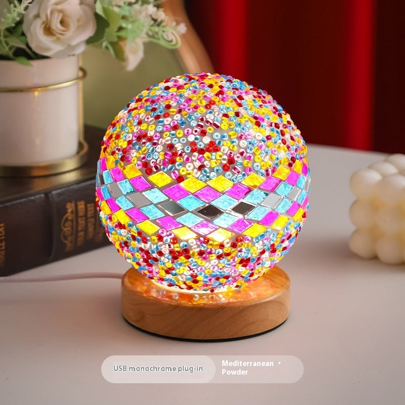 Mediterranean Small Night Lamp Creative Mosaic Glass Decorative Lamp Home Decor Gym From House Gift Box Monochrome Pink
