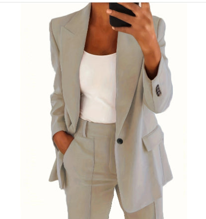 Ins Button Casual Suit Fashion Long-sleeved Lapel Blazer Jacket Women Gym From House Apricot A set 4XL