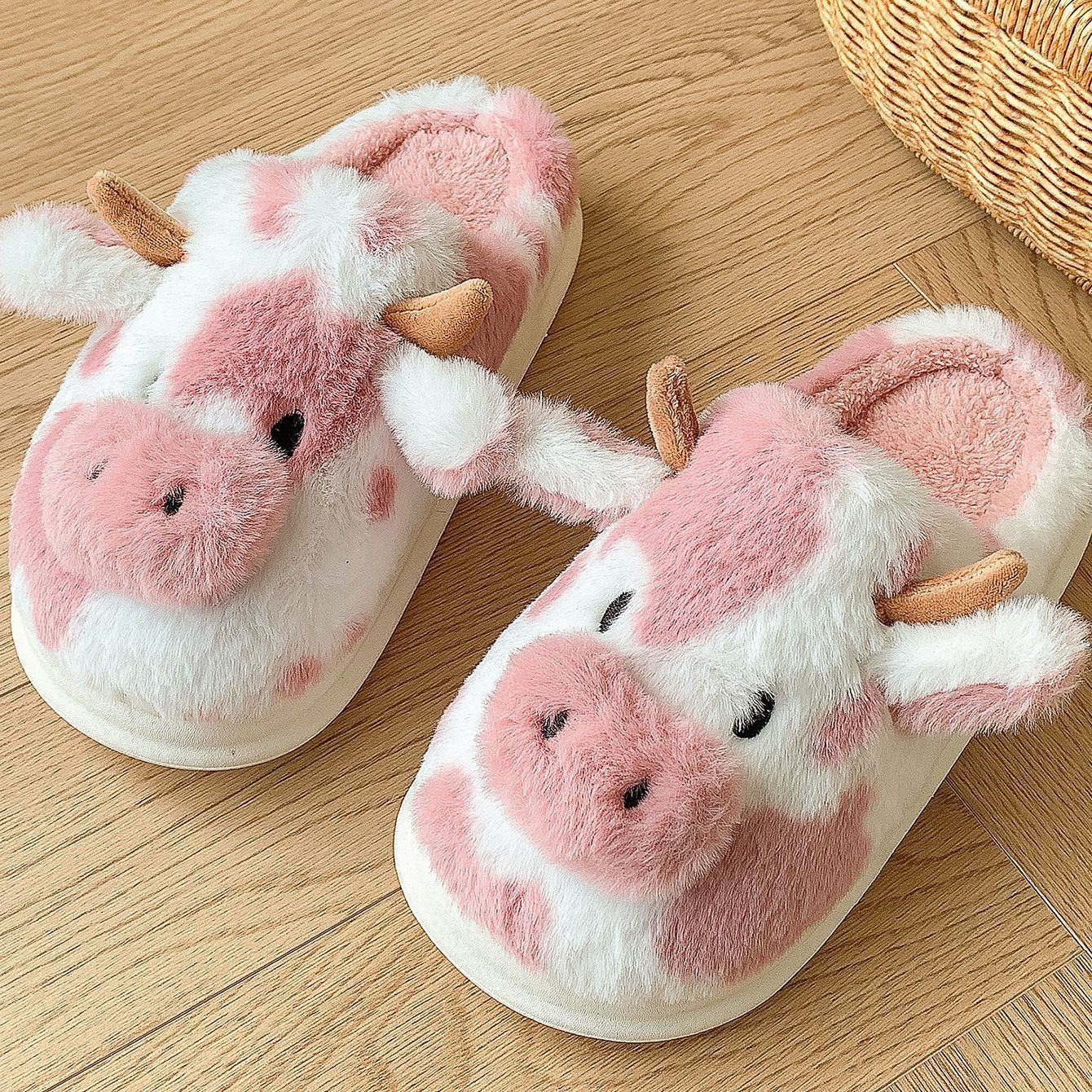 Cute Cartoon Cow Plush Slippers Winter Warm Indoor Shoes Women DealSniper.net Leather Red 36to37