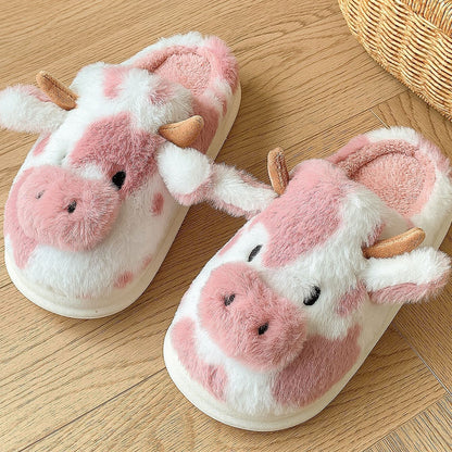 Cute Cartoon Cow Plush Slippers Winter Warm Indoor Shoes Women DealSniper.net Leather Red 36to37