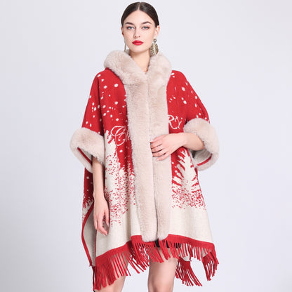 Loose Plaid Plus Cashmere Fur Collar Knitted Inverness Women Gym From House Red Christmas Average Size