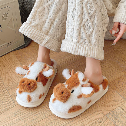 Cute Cartoon Cow Plush Slippers Winter Warm Indoor Shoes