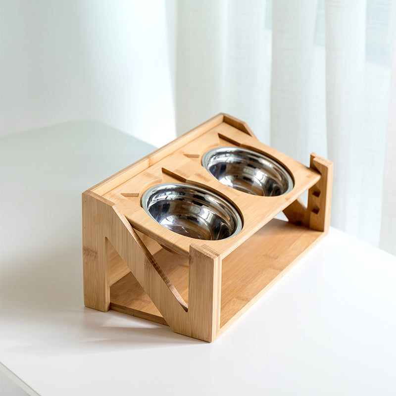 Cat bowl wooden dish rack Pets dealsniper-net Stainless steel