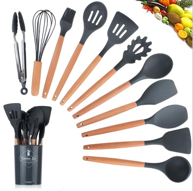 Silicone Kitchenware With Wooden Handle Kitchen dealsniper-net 12pcs black