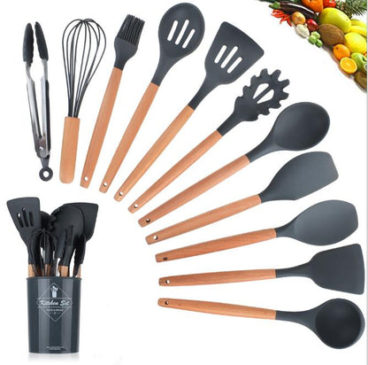 Silicone Kitchenware With Wooden Handle Kitchen dealsniper-net 12pcs black