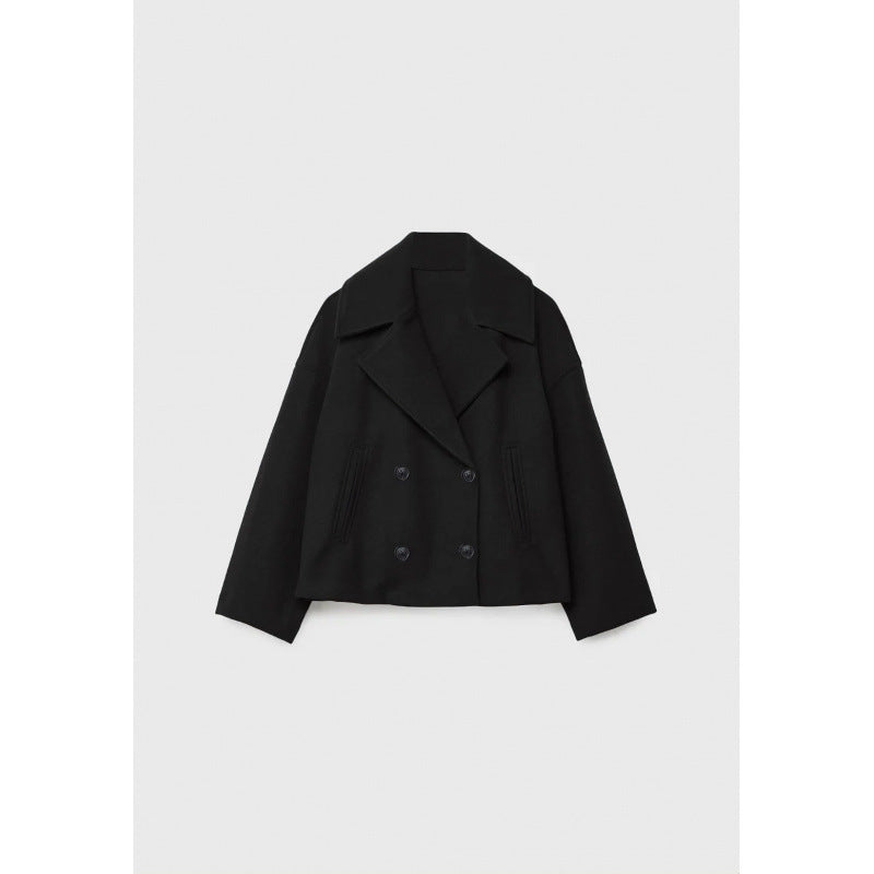 Ins Double-breasted Lapel Blazer Jacket Fashion Loose Woolen Women null Black XS