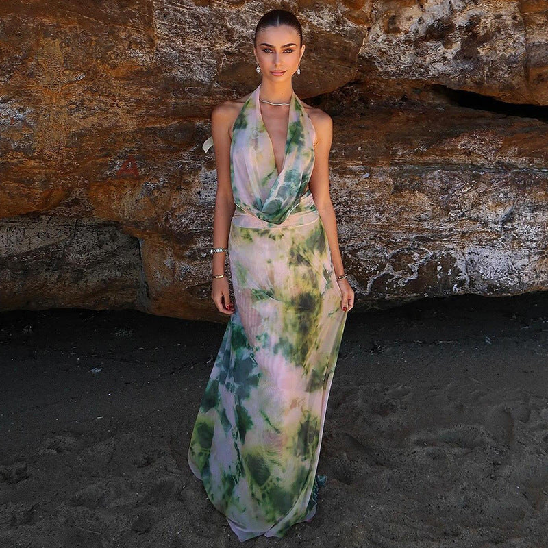 2pcs Tie Dye Printing Deep V-neck Suits Fashion Halter Women dealsniper-net Green L