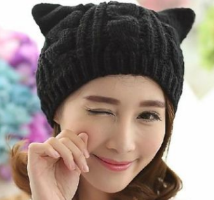 Hand Made 3D Cute Knitted Cat Ear Beanie For Winter Women dealsniper-net Black