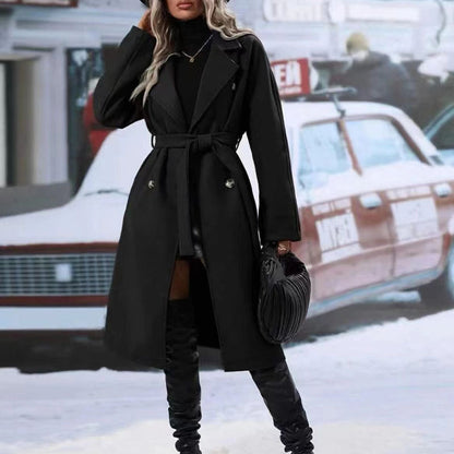 Lapel Double-breasted Trench Coat With Belt Winter Fashion