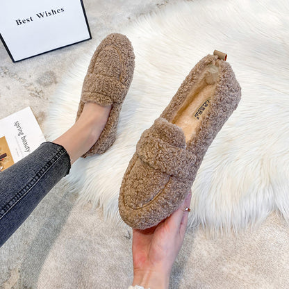 Winter Plush Flats Shoes Ins Fashion Slip On Loafers Women null Brown 33
