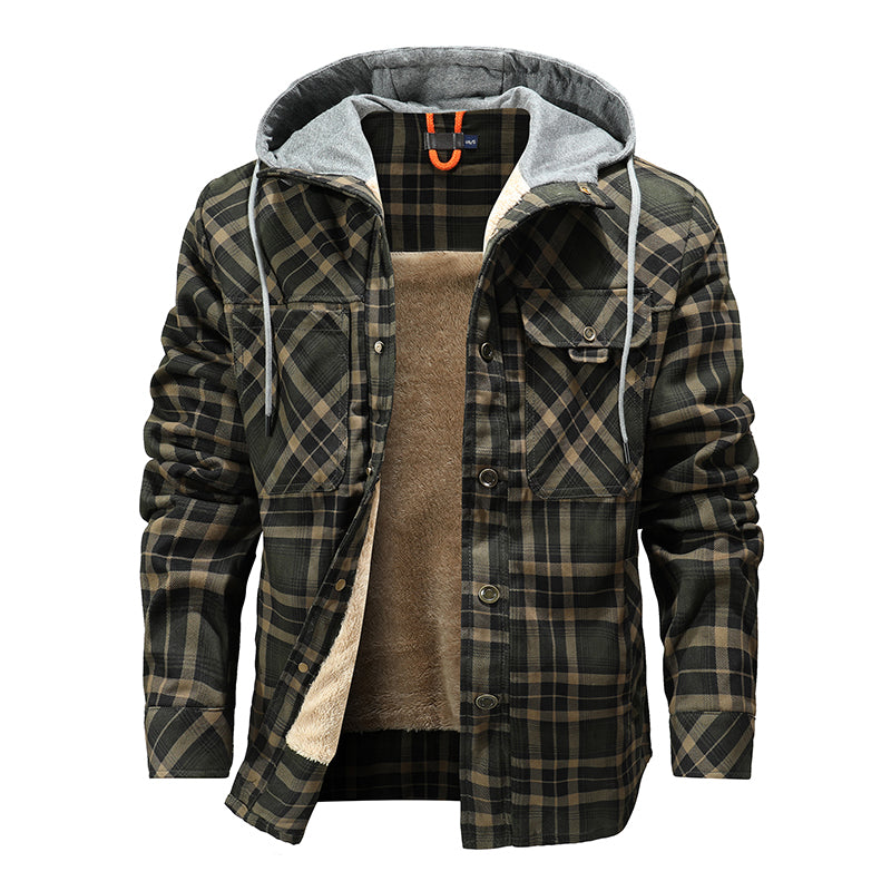 Men Warm Jacket Fleece Lining Lumberjack Plaid Hooded Jackets Snap Button Men dealsniper-net