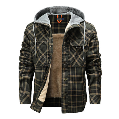 Men Warm Jacket Fleece Lining Lumberjack Plaid Hooded Jackets Snap Button Men dealsniper-net