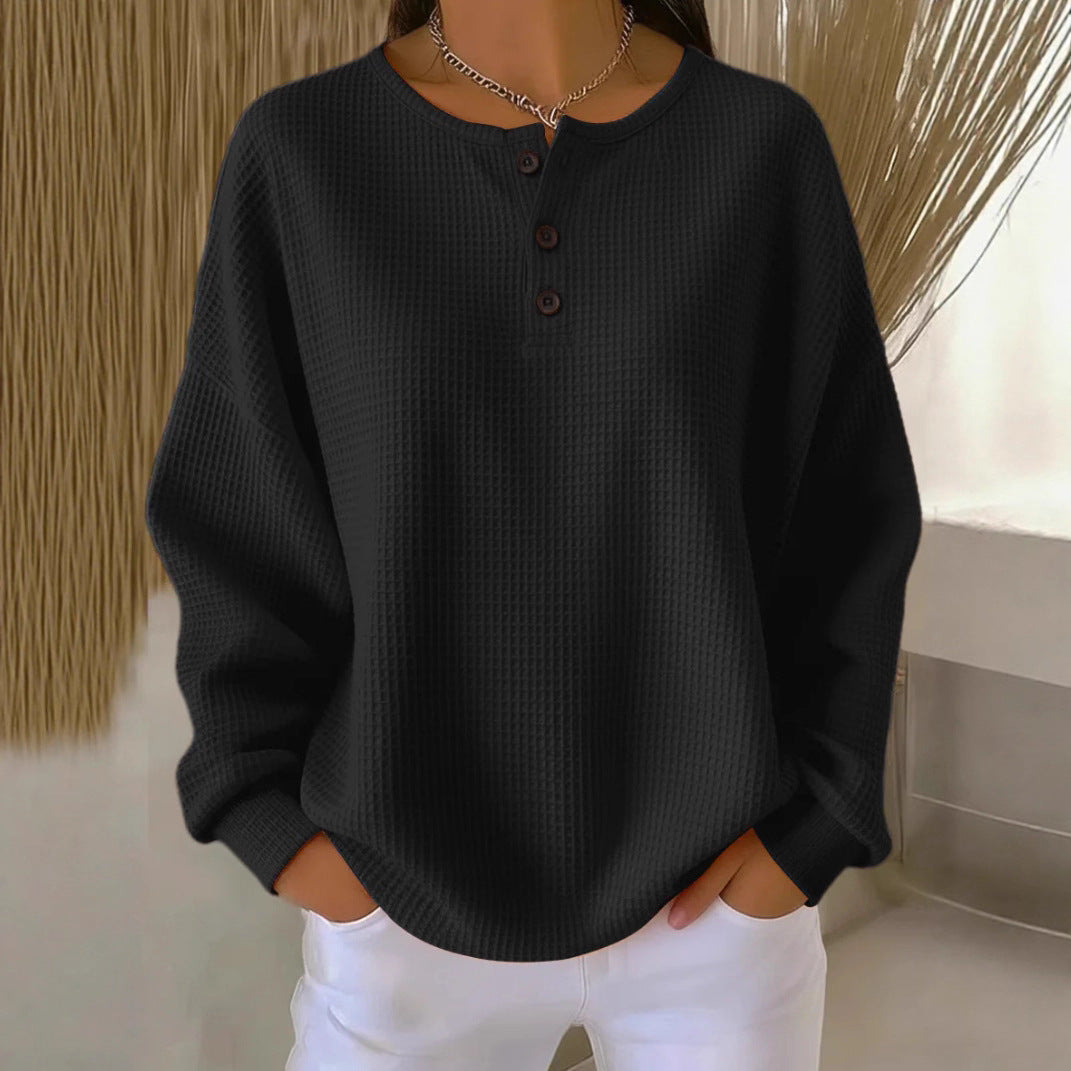 Ins Waffle Long-sleeved T-shirt Fashion Solid Color Buttons Women Gym From House