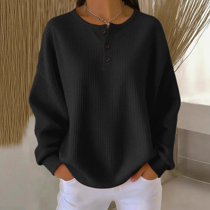 Ins Waffle Long-sleeved T-shirt Fashion Solid Color Buttons Women Gym From House