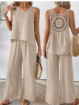 2 Pieces Set Women's Sleeveless Solid Color Back Hollow Lace Suit Women Gym From House Light khaki color L